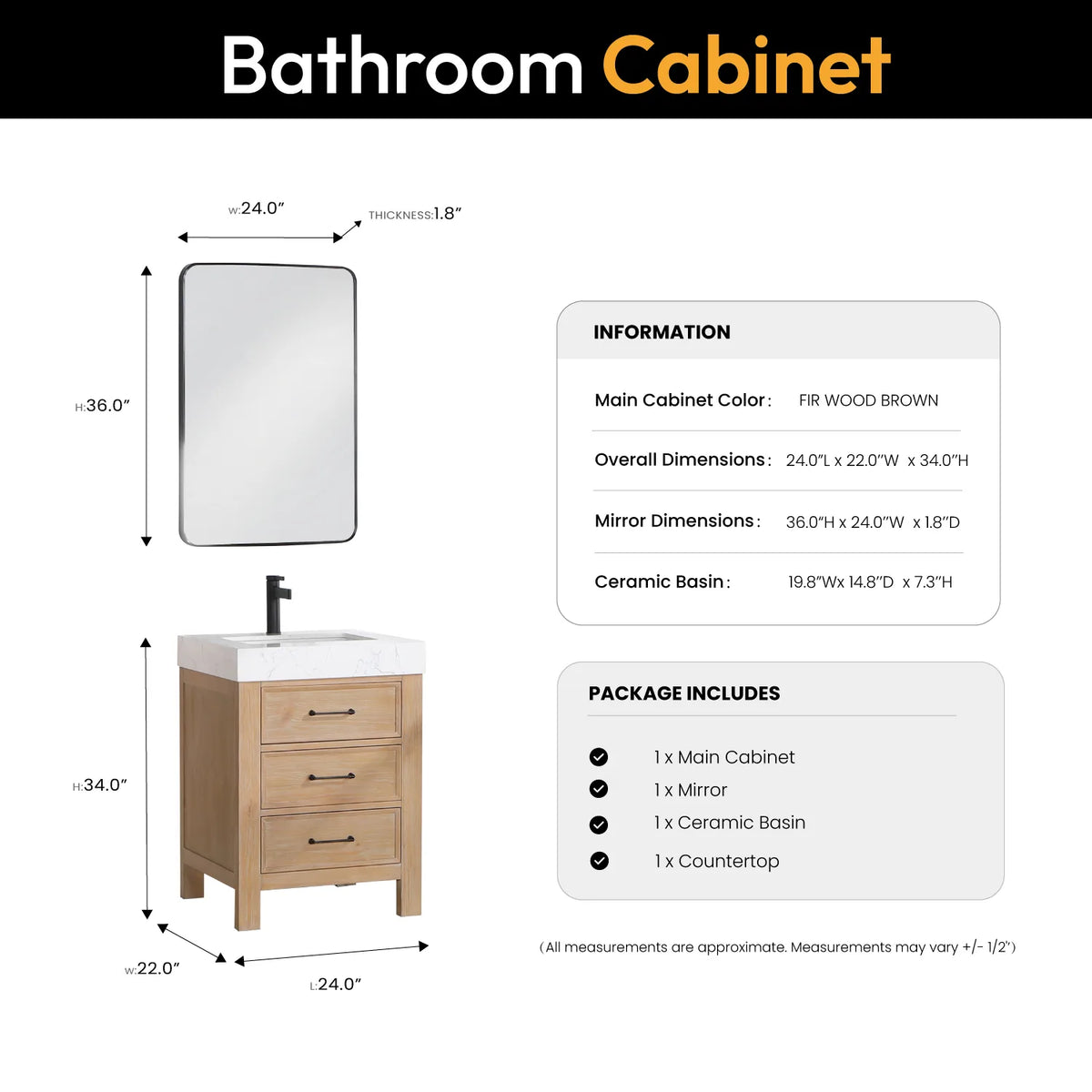 Size diagram of the 24-inch single vanity and its rectangular wall mirror