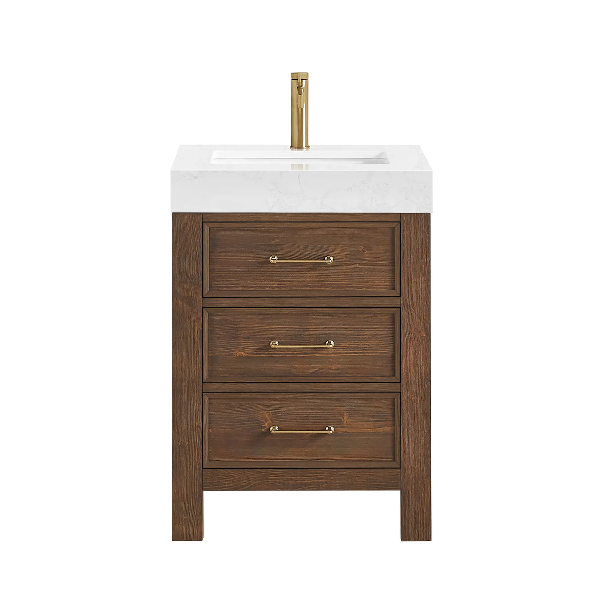 24-inch Spruce Aged Brown single bathroom vanity with Lightning White composite stone top, studio front view