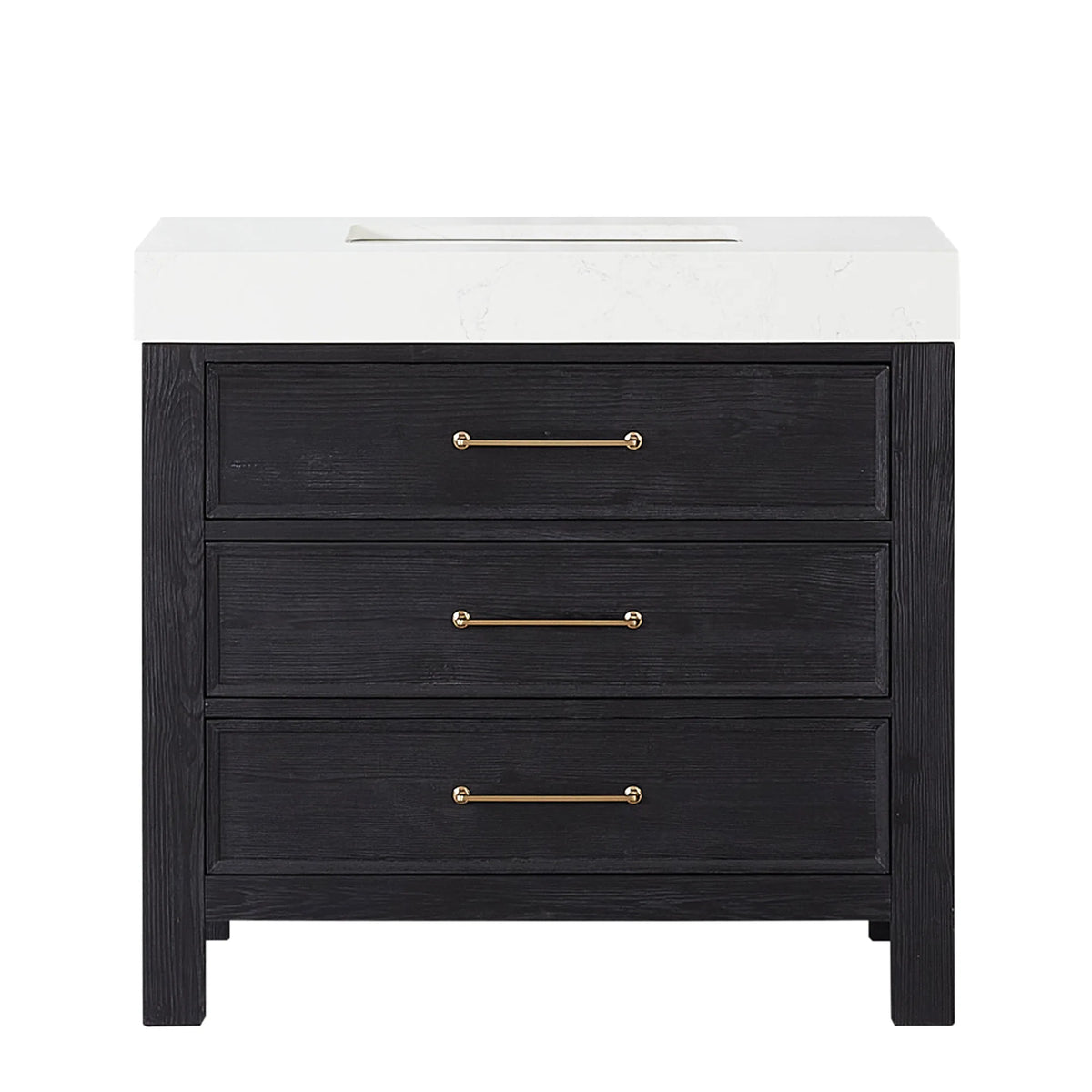 Fir Wood Black single bathroom vanity, 36-inch, with Lightning White composite stone top, photographed head-on, no mirror