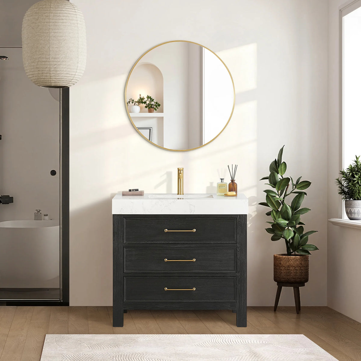 Lifestyle view, Fir Wood Black vanity with Lightning White composite stone top; a bath with a tub in view