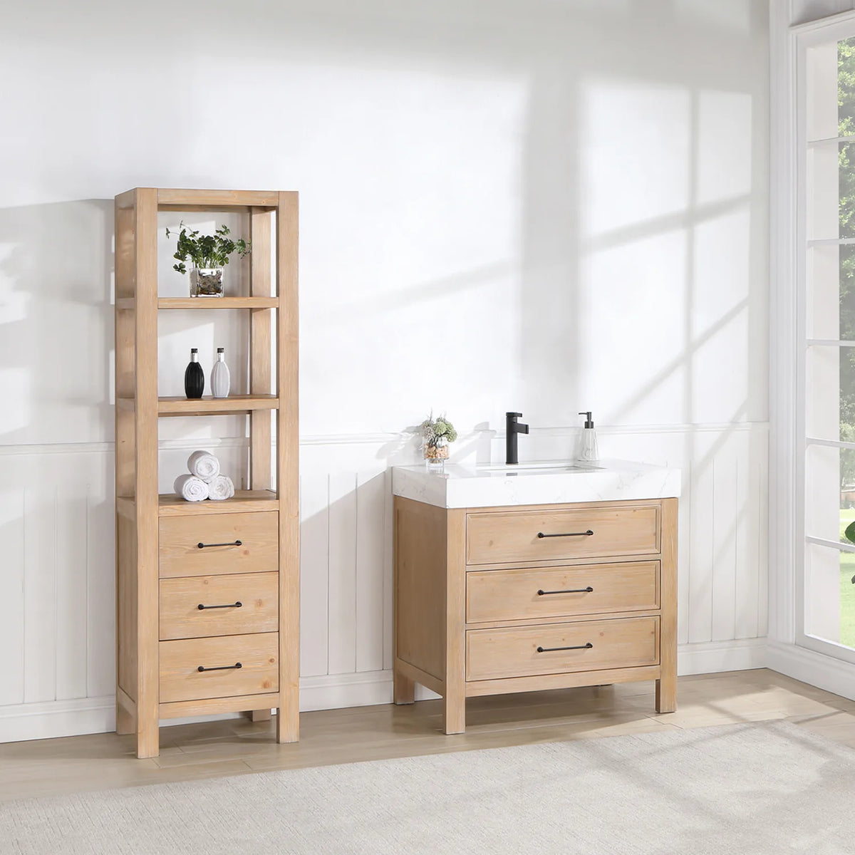 Tall cabinet, not included, standing next to the Fir Wood Brown single vanity