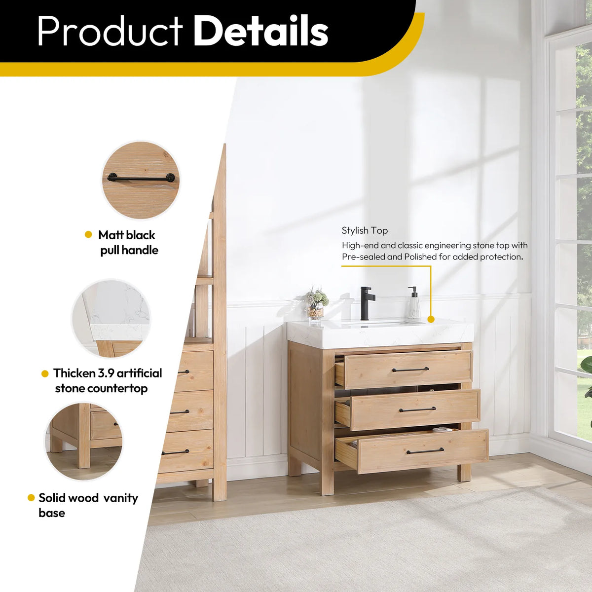Details graphic calling out the pull handle and stone top, plus the solid wood base