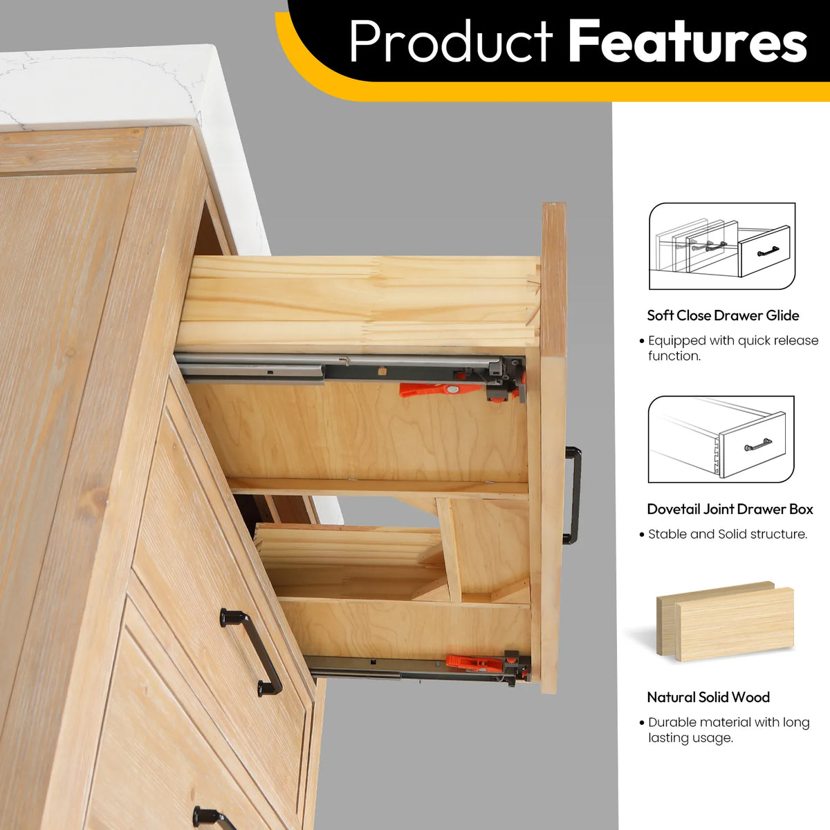 Drawer construction callouts: dovetail corners and soft-close slides