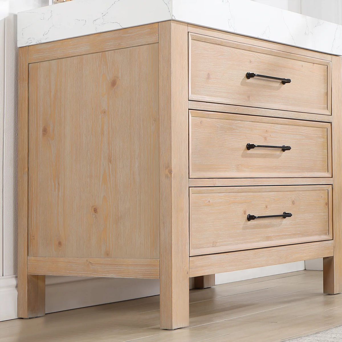 Leg and side panel of the 36-inch cabinet at floor level