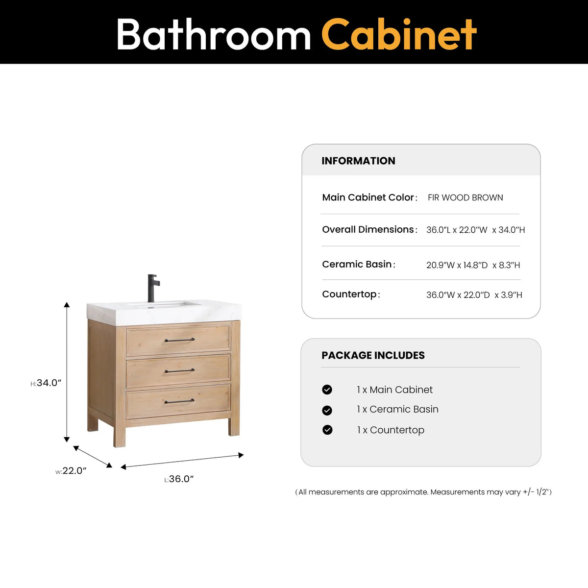 Size diagram for the 36-inch single vanity, 36 x 22 x 34 inches with top