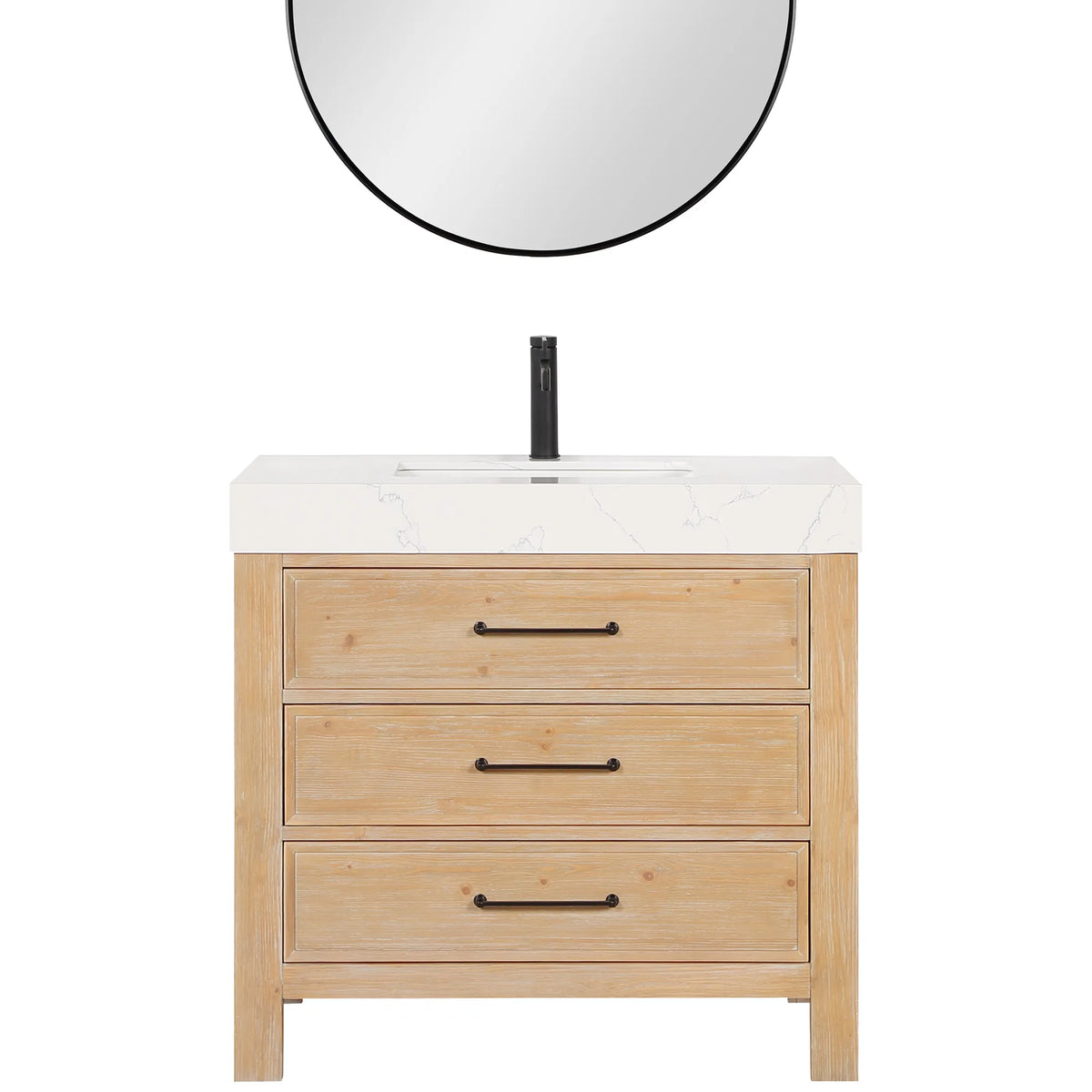 Circular wall mirror sold with the Fir Wood Brown single vanity, shown as a set