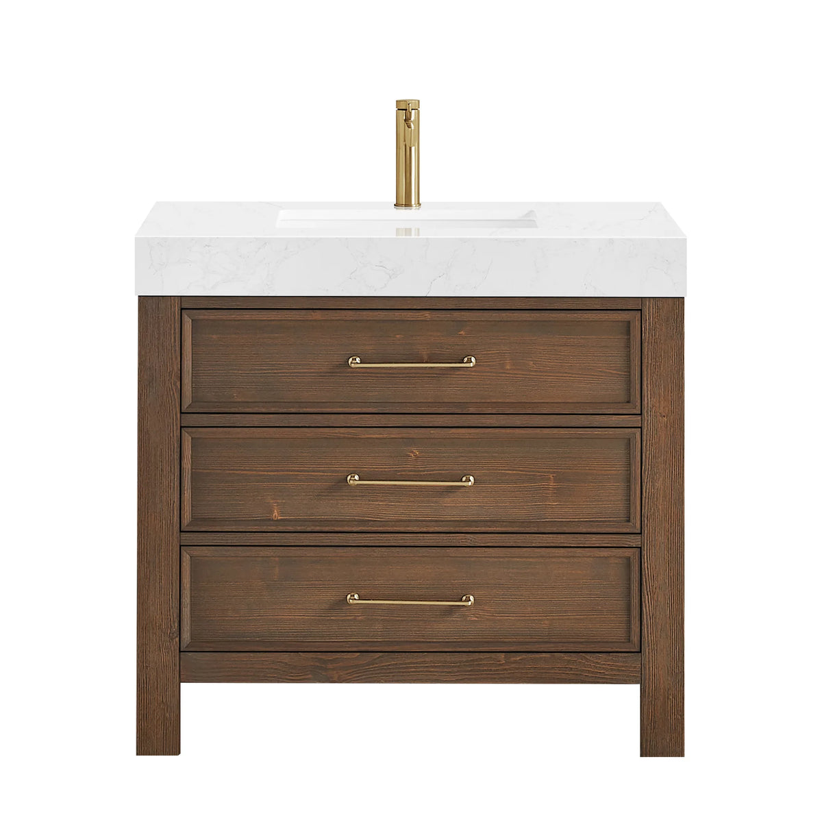 36-inch Spruce Aged Brown vanity with a faucet fitted for the photo; the faucet is not included