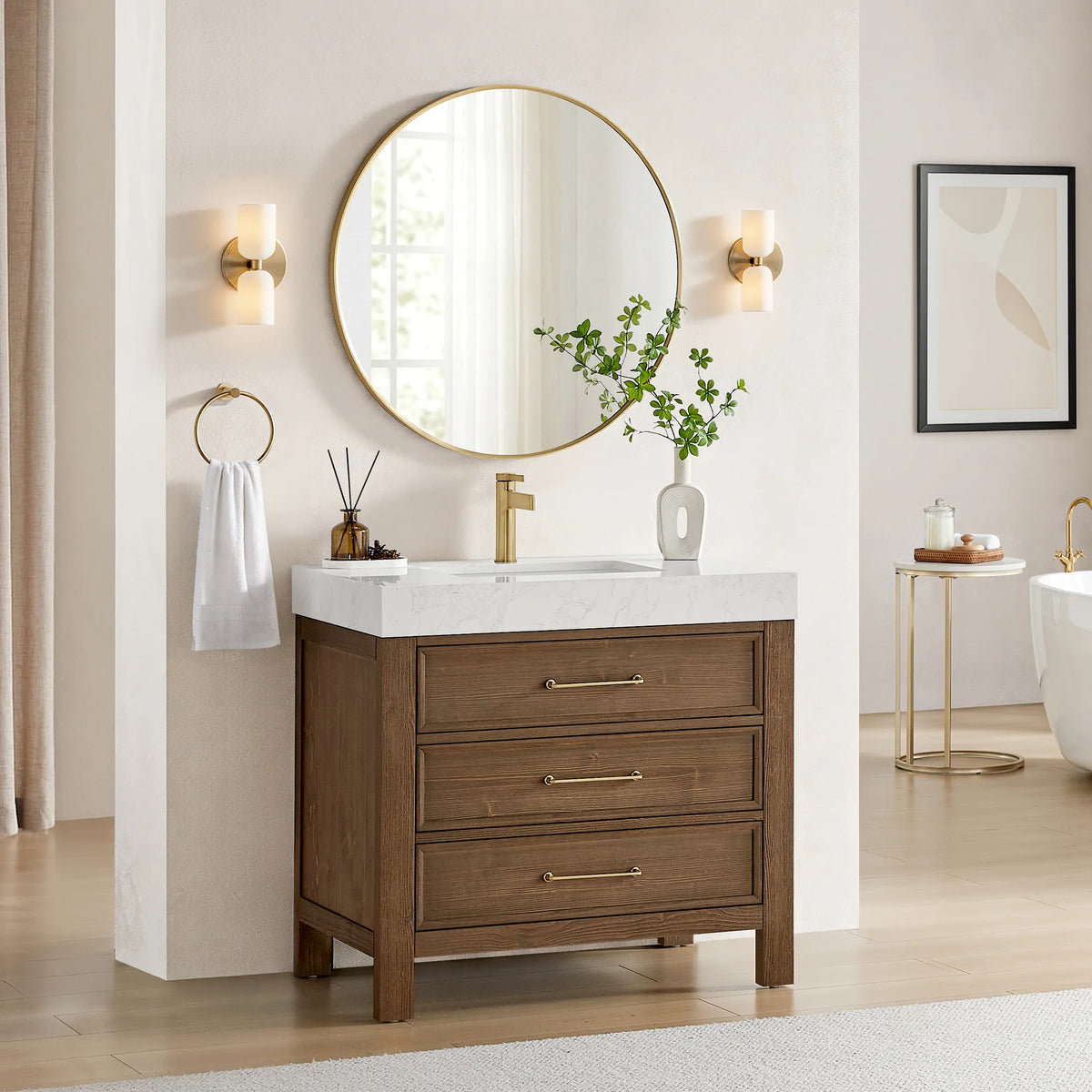 The Spruce Aged Brown single vanity at 36 inches under a circular wall mirror; a light bath with gold sconces