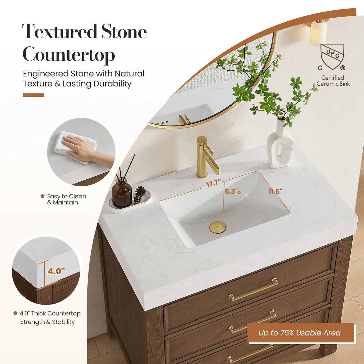 Countertop feature graphic: engineered stone with natural texture, easy to clean