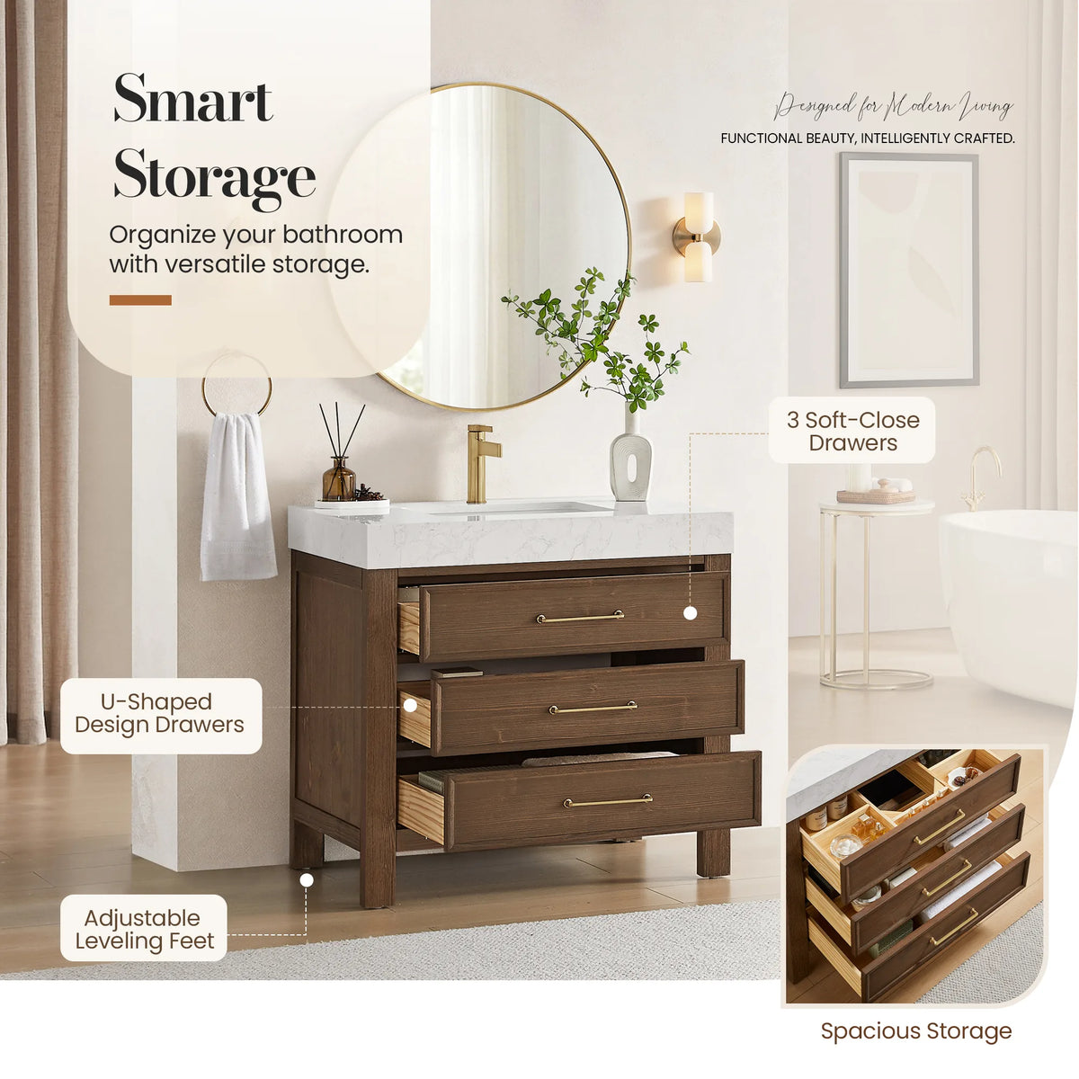 Smart storage graphic with callouts for the soft-close drawers and an inset of the open drawers