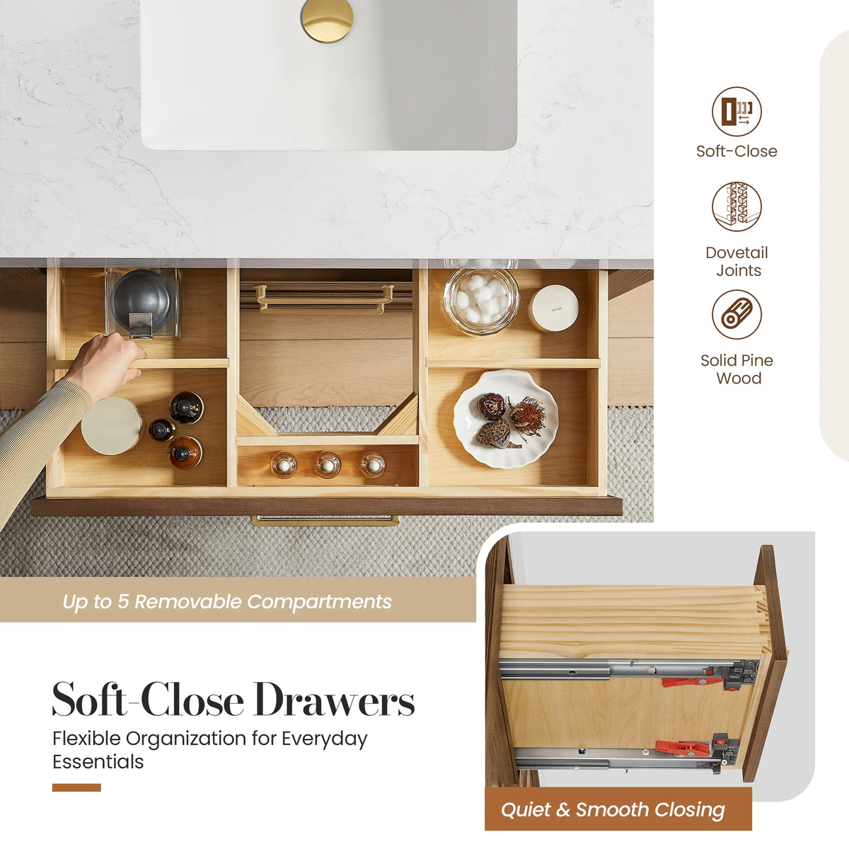 Feature graphic of a soft-close drawer with removable compartments