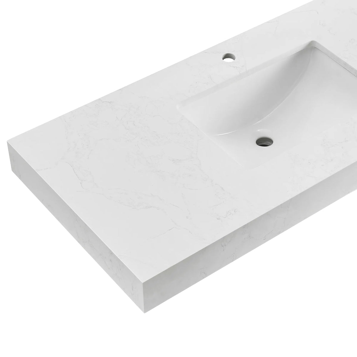Countertop and ceramic sink photographed alone, with one pre-drilled faucet hole