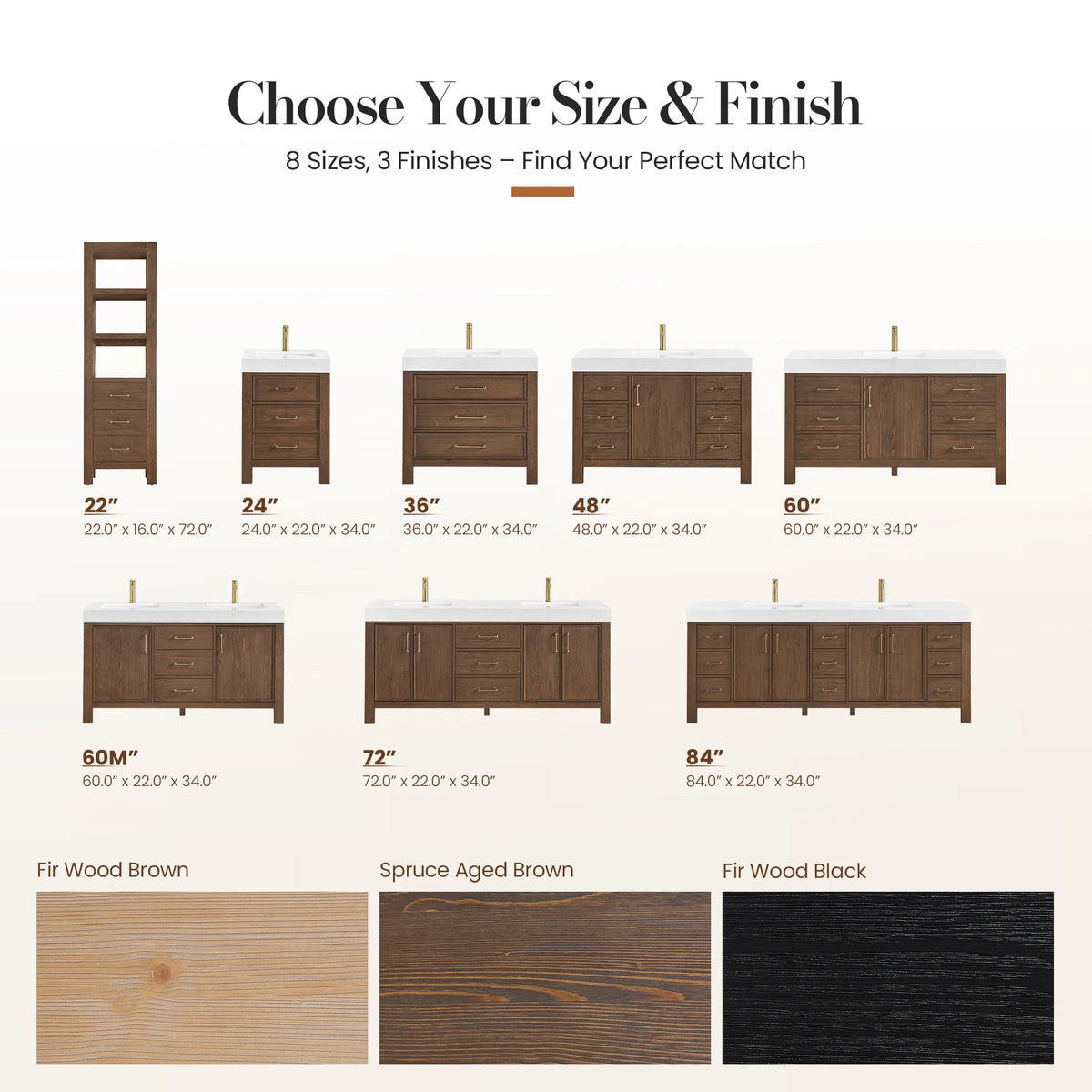 Choose-your-size graphic with all sizes and the three finish swatches