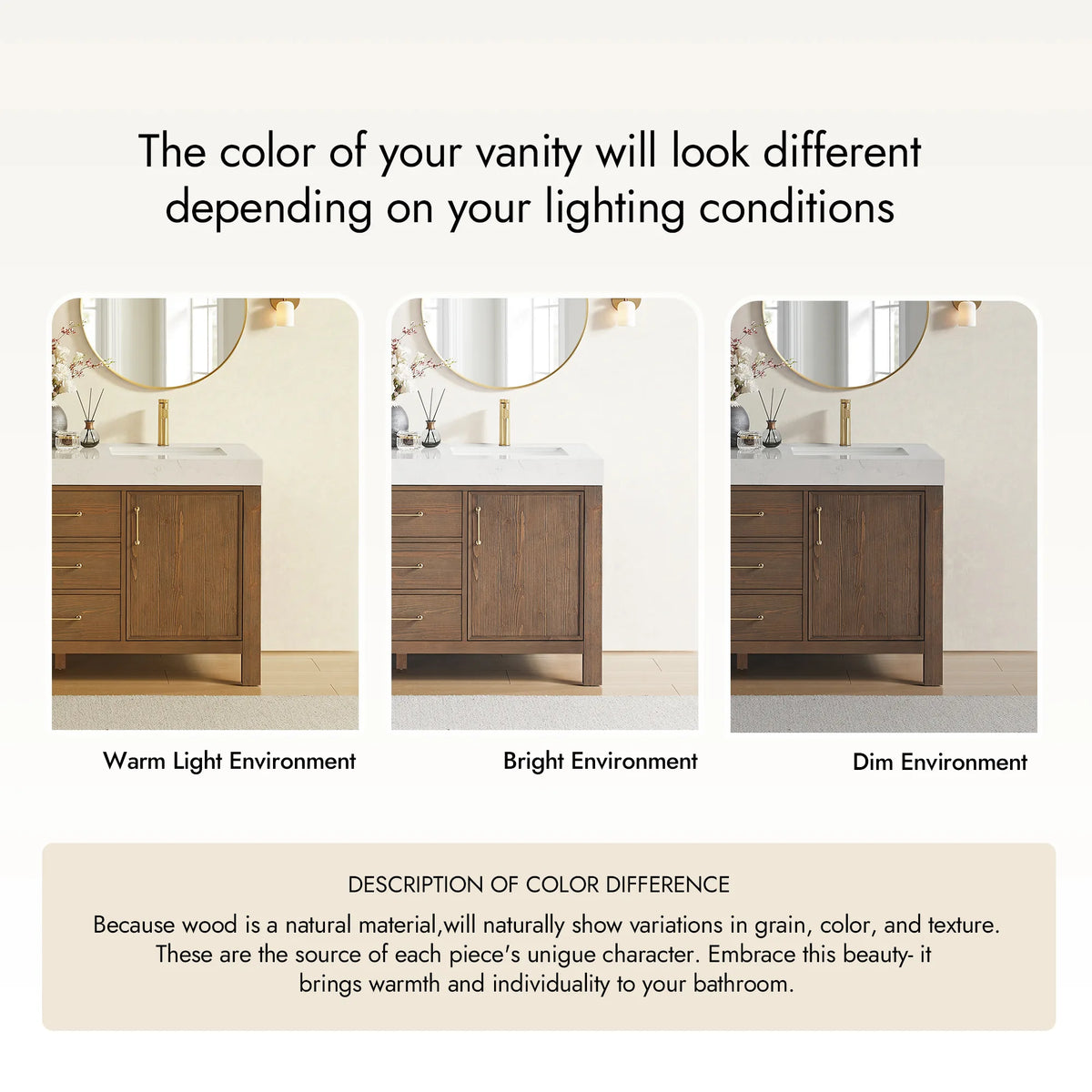 The same vanity photographed in warm light, then in bright or dim rooms, with a color difference note