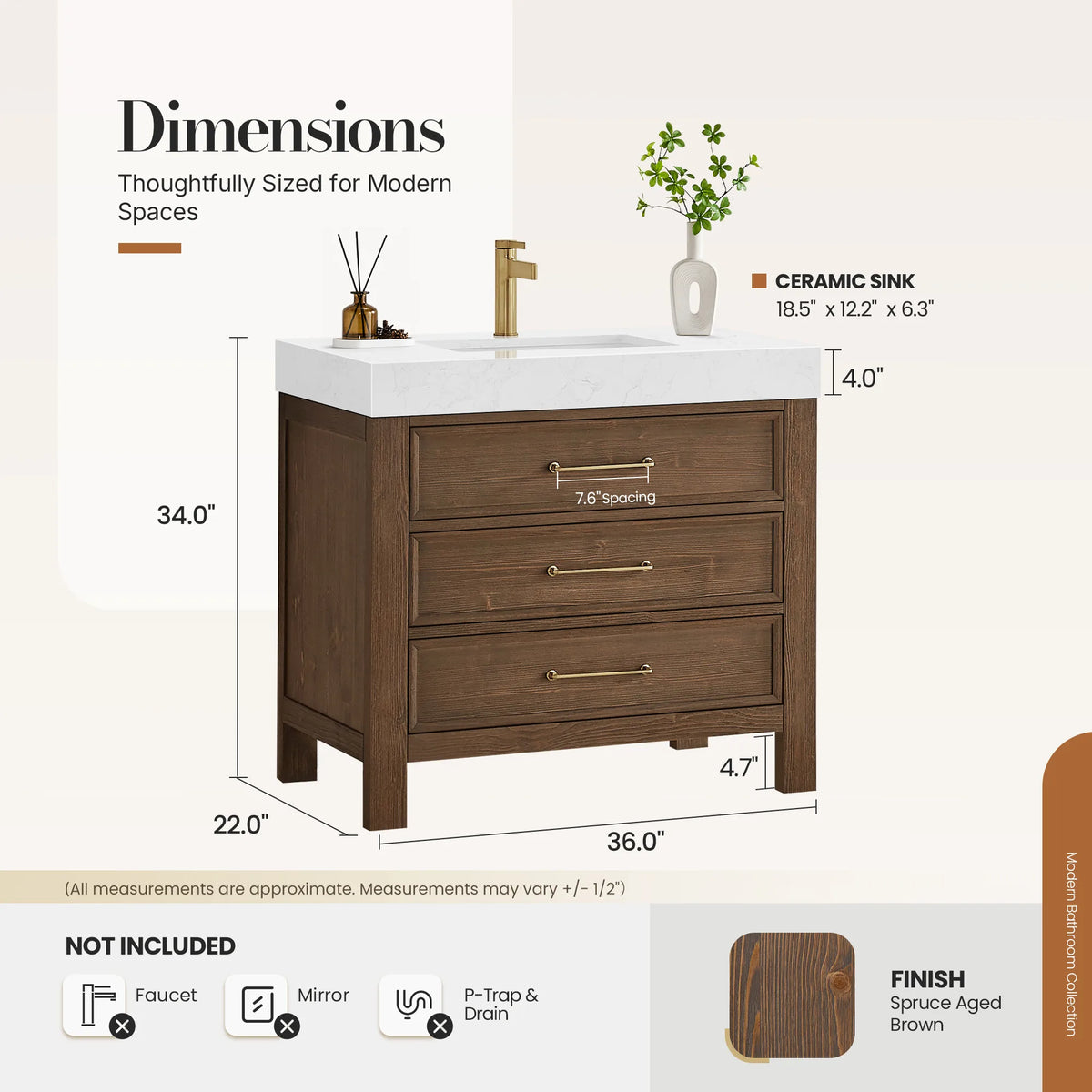 Size diagram for the 36-inch single vanity, 36 x 22 x 34 inches with top