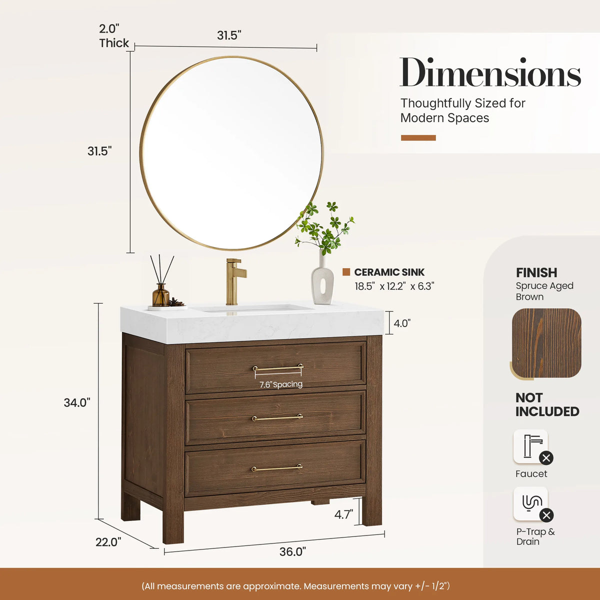 Size diagram of the 36-inch single vanity and its circular wall mirror