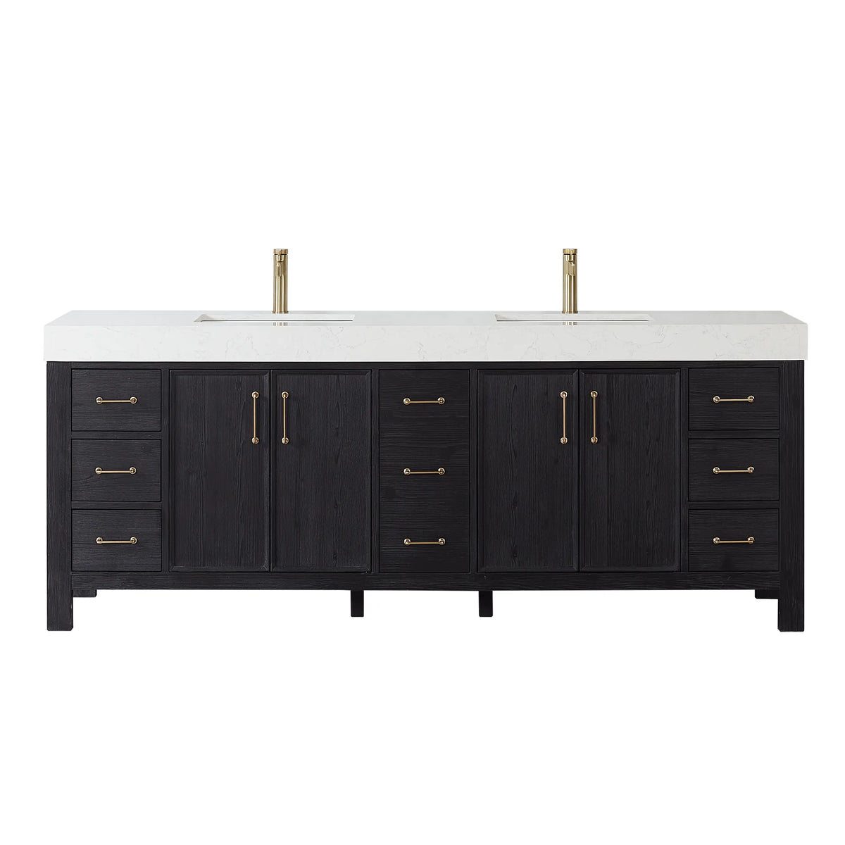 84-inch Fir Wood Black double bathroom vanity with Lightning White composite stone top, studio front view