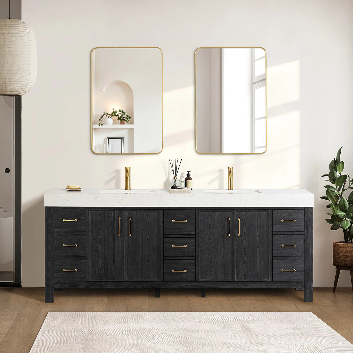 A bath with a tub in view: 84-inch double vanity in Fir Wood Black under two rectangular wall mirrors