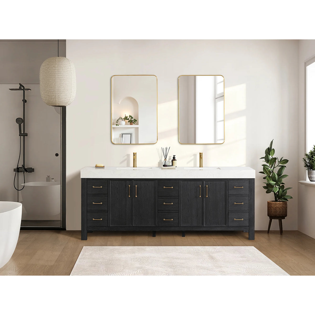 Lifestyle view, Fir Wood Black vanity with Lightning White composite stone top; a bath with a tub in view