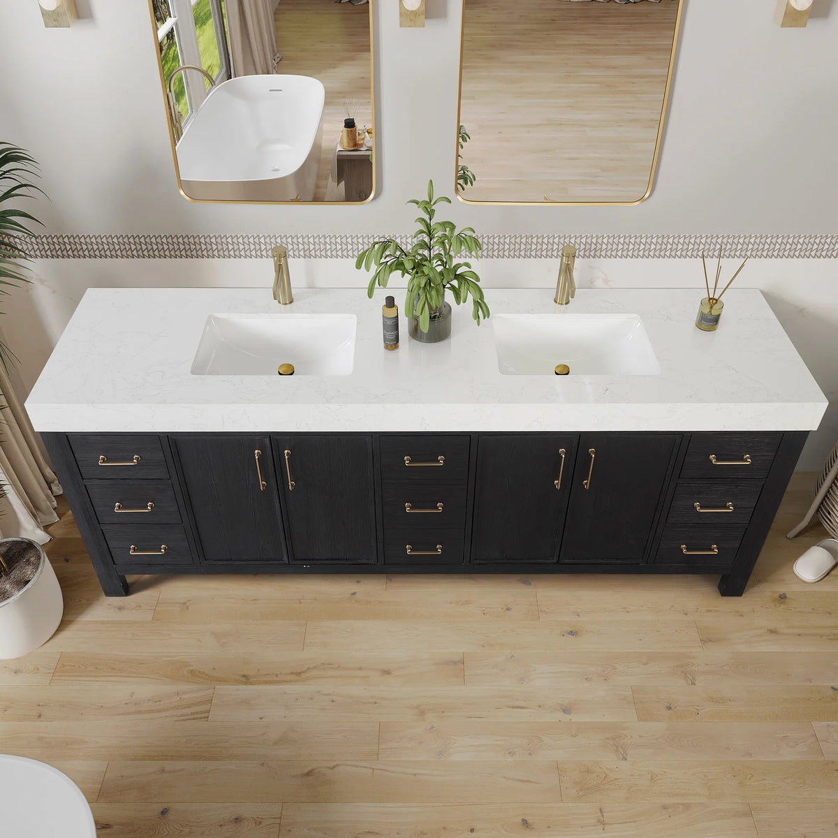 Tighter framing on the Fir Wood Black cabinet and its top; a bath with a wood floor
