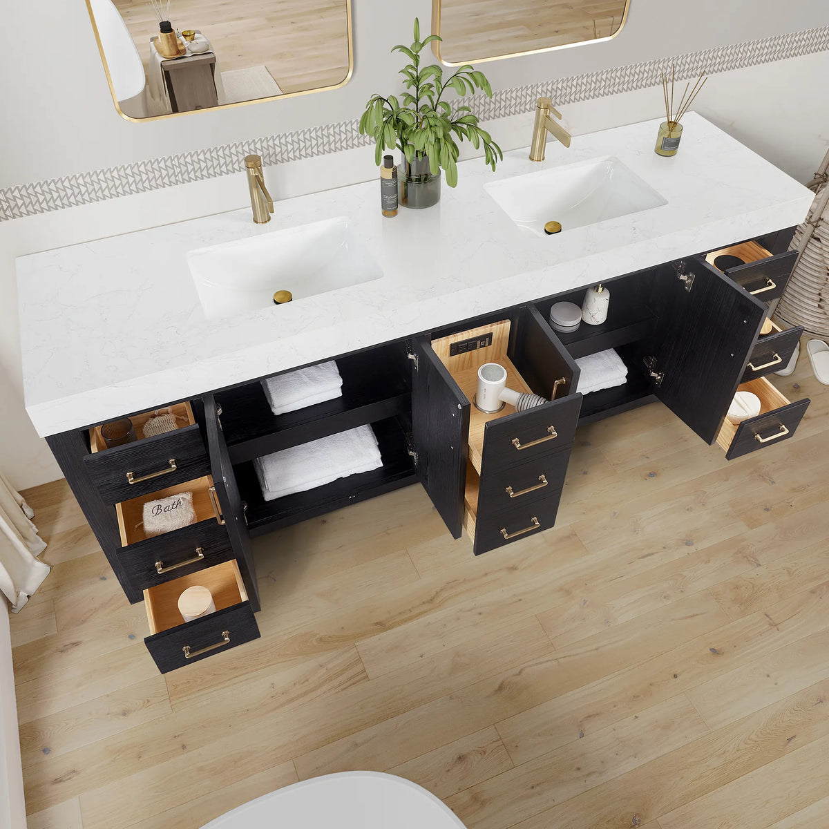 Drawers pulled out and doors swung open on the Fir Wood Black vanity; a bath with a wood floor