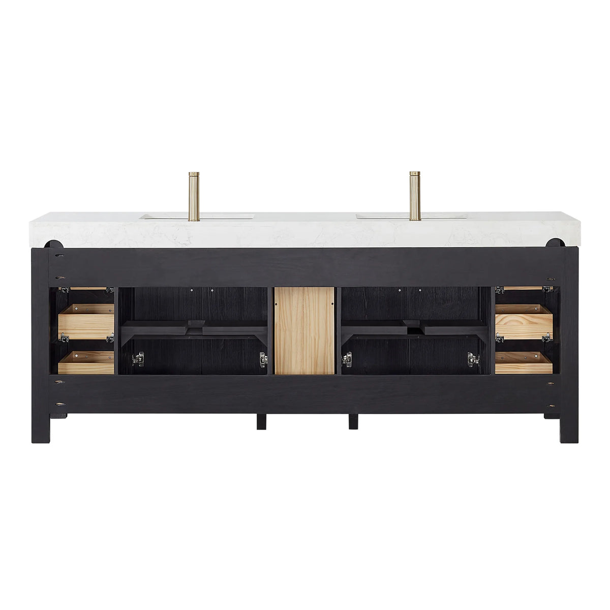 Interior of the Fir Wood Black vanity base seen from the back, white background