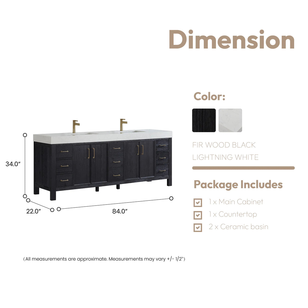 Size diagram for the 84-inch double vanity, 84 x 22 x 34 inches with top