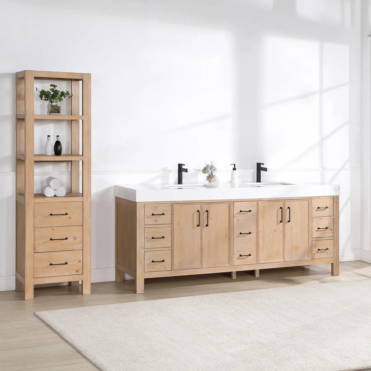 Separate tall cabinet (not included) beside the 84-inch double vanity