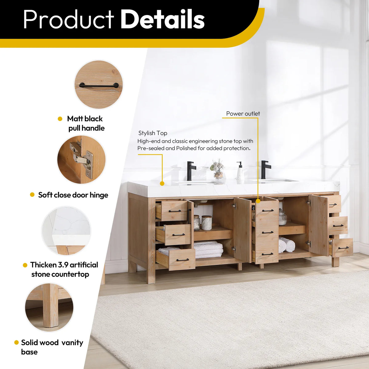 Details graphic calling out the pull handle and stone top, plus the solid wood base