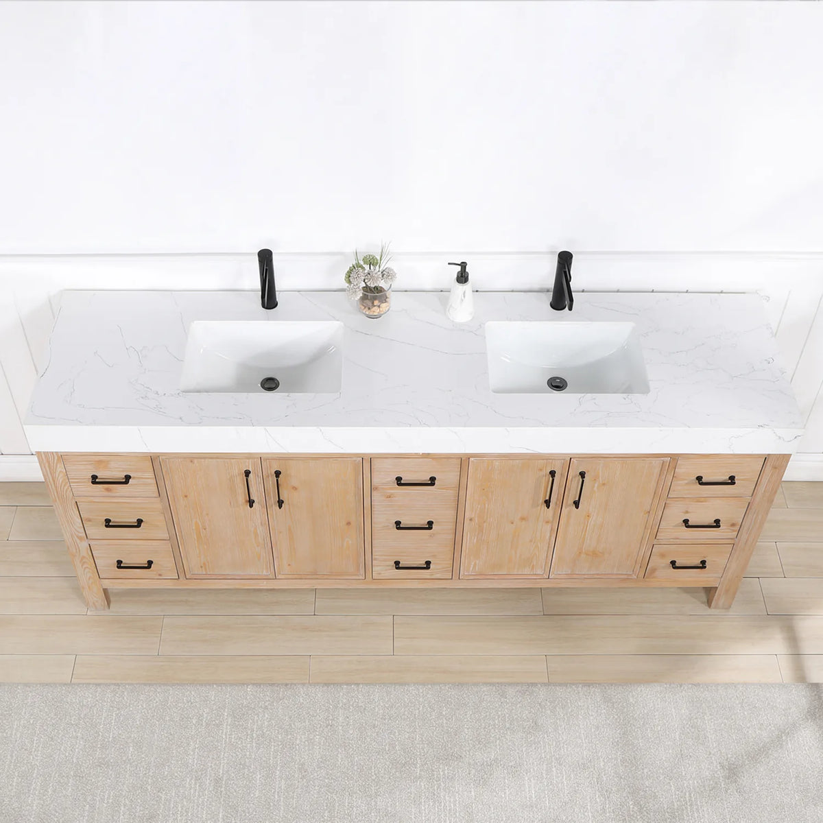 Looking down on the Lightning White composite stone top with the sinks; faucets in the shot not included