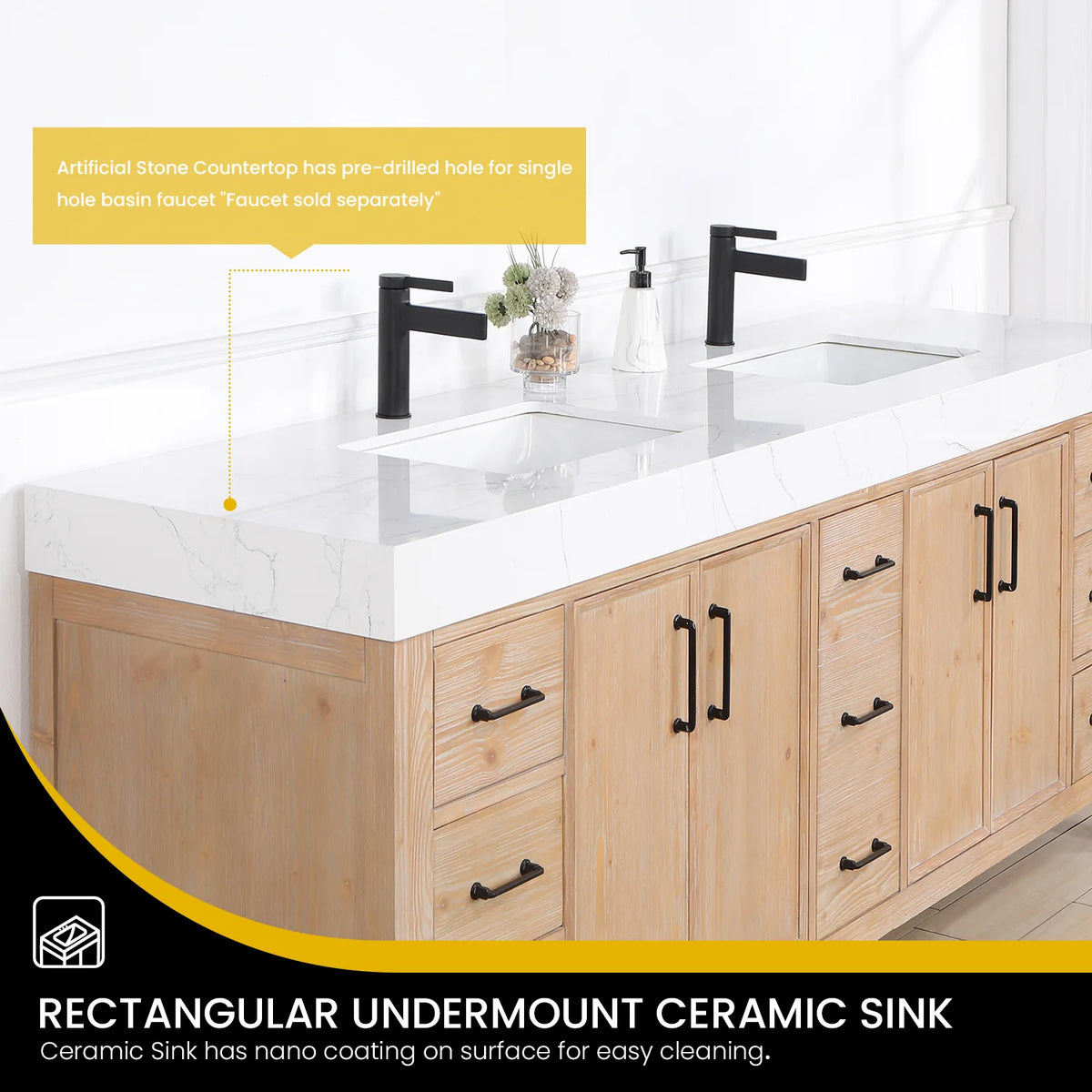 Undermount ceramic sink with a nano-coated surface; the faucet shown is not included