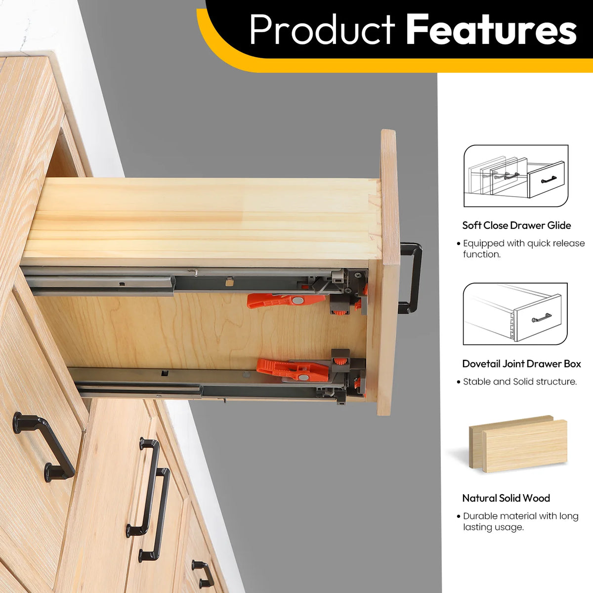 Drawer construction callouts: dovetail corners and soft-close slides