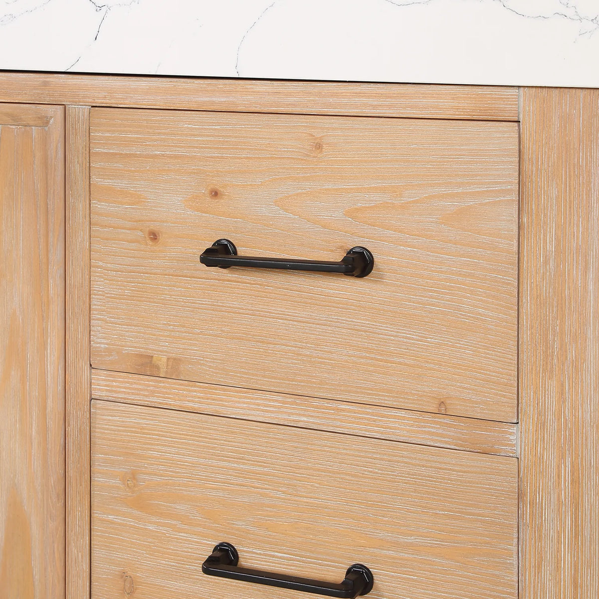 Tight crop of two drawer fronts and their pulls in Fir Wood Brown