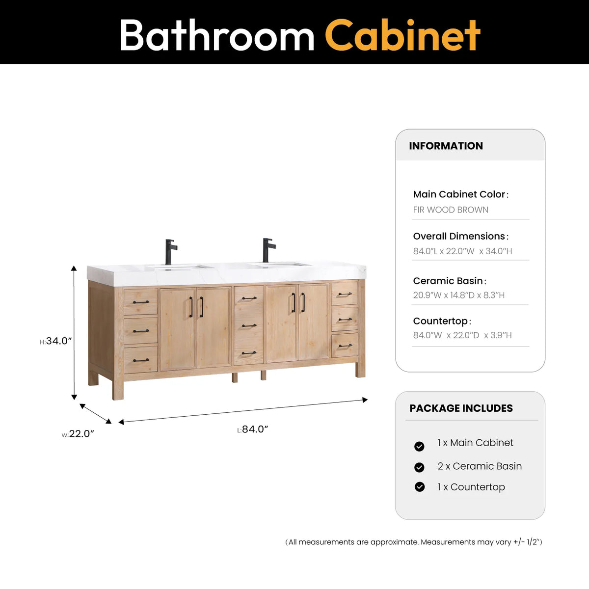 Size diagram for the 84-inch double vanity, 84 x 22 x 34 inches with top