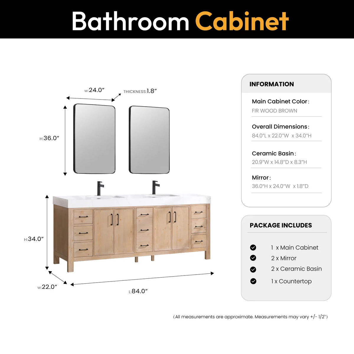 Size diagram of the 84-inch double vanity and its two rectangular wall mirrors