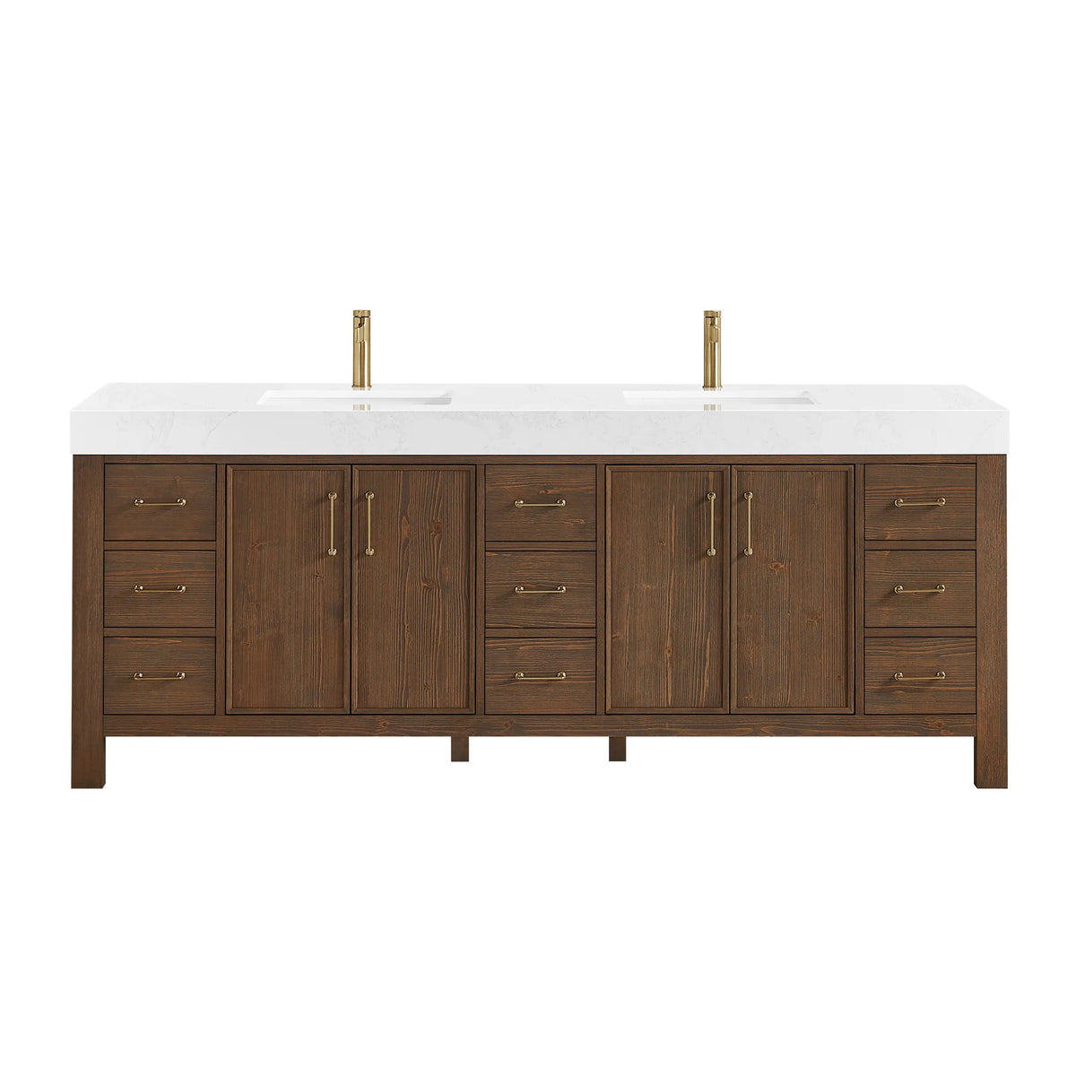 Spruce Aged Brown double bathroom vanity, 84-inch, with Lightning White composite stone top, photographed head-on, no mirror