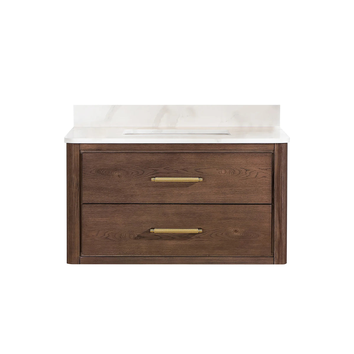 Floating Aged Dark Brown Oak 36-inch single bathroom vanity, brushed gold pulls, white quartz top
