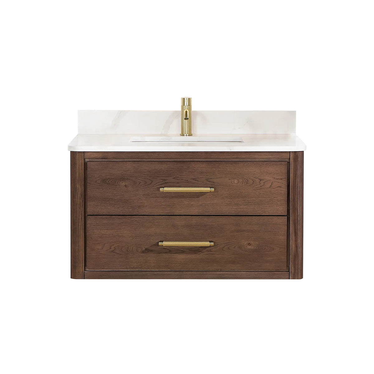 Floating Aged Dark Brown Oak drawer cabinet, quartz top and brushed gold handles, shown without a mirror, 36-inch model