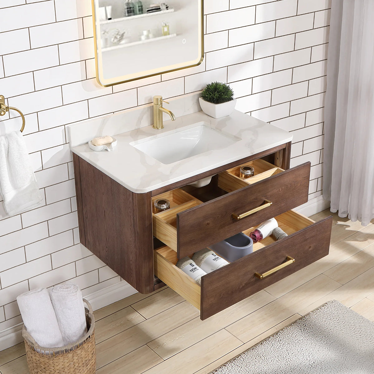 Open drawers on the floating Aged Dark Brown Oak cabinet with dividers inside for small items, 36-inch model