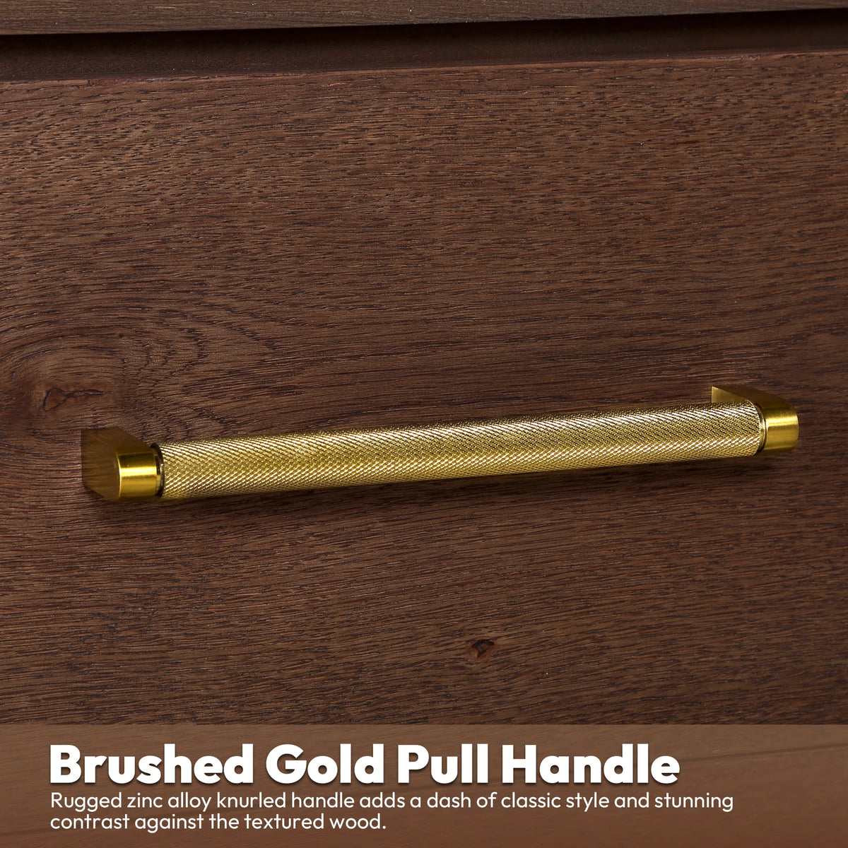 Zinc alloy pull in brushed gold with a knurled grip, on an Aged Dark Brown Oak drawer front, 36-inch model