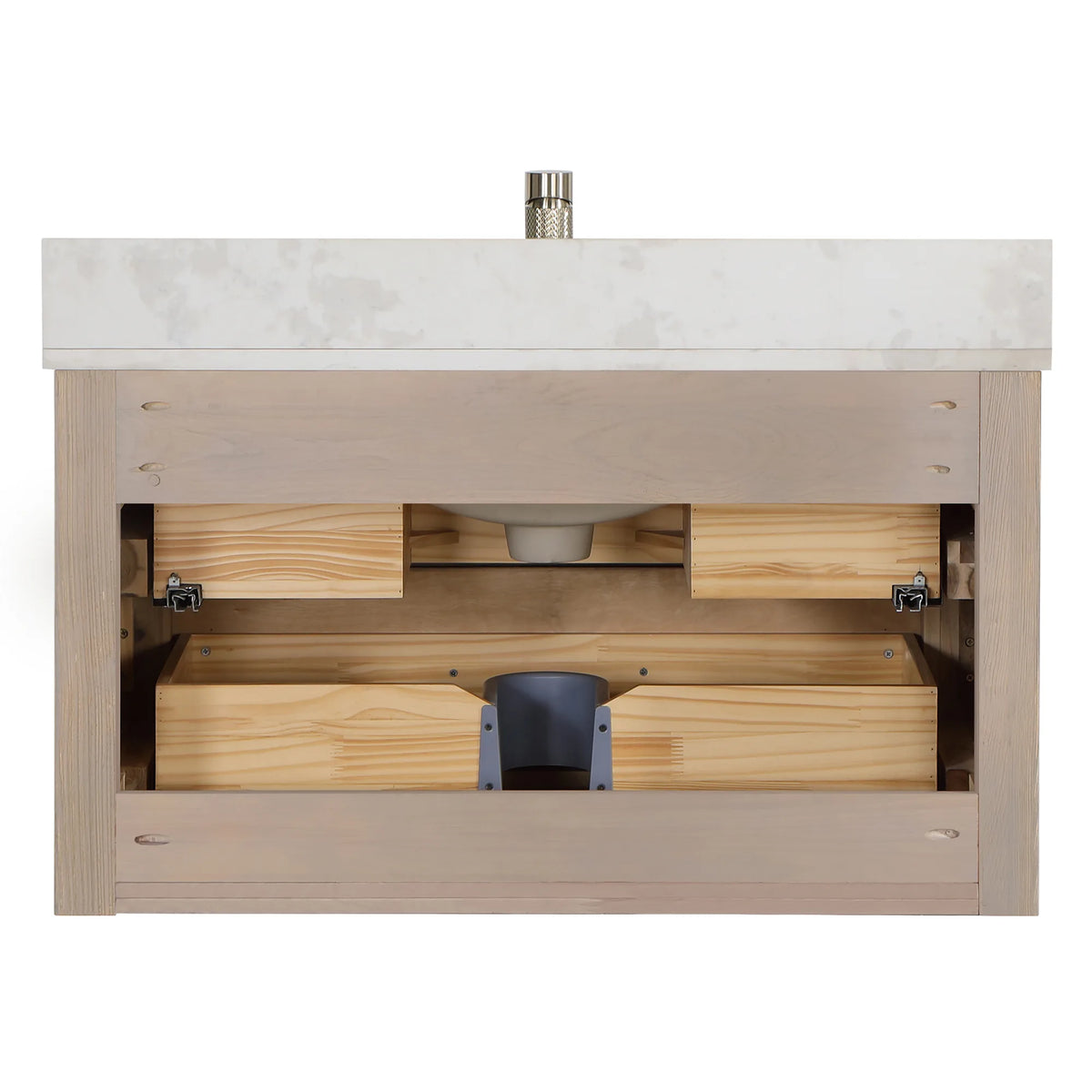 Rear view of the Aged Dark Brown Oak cabinet showing the open back and drawer boxes, 36-inch model