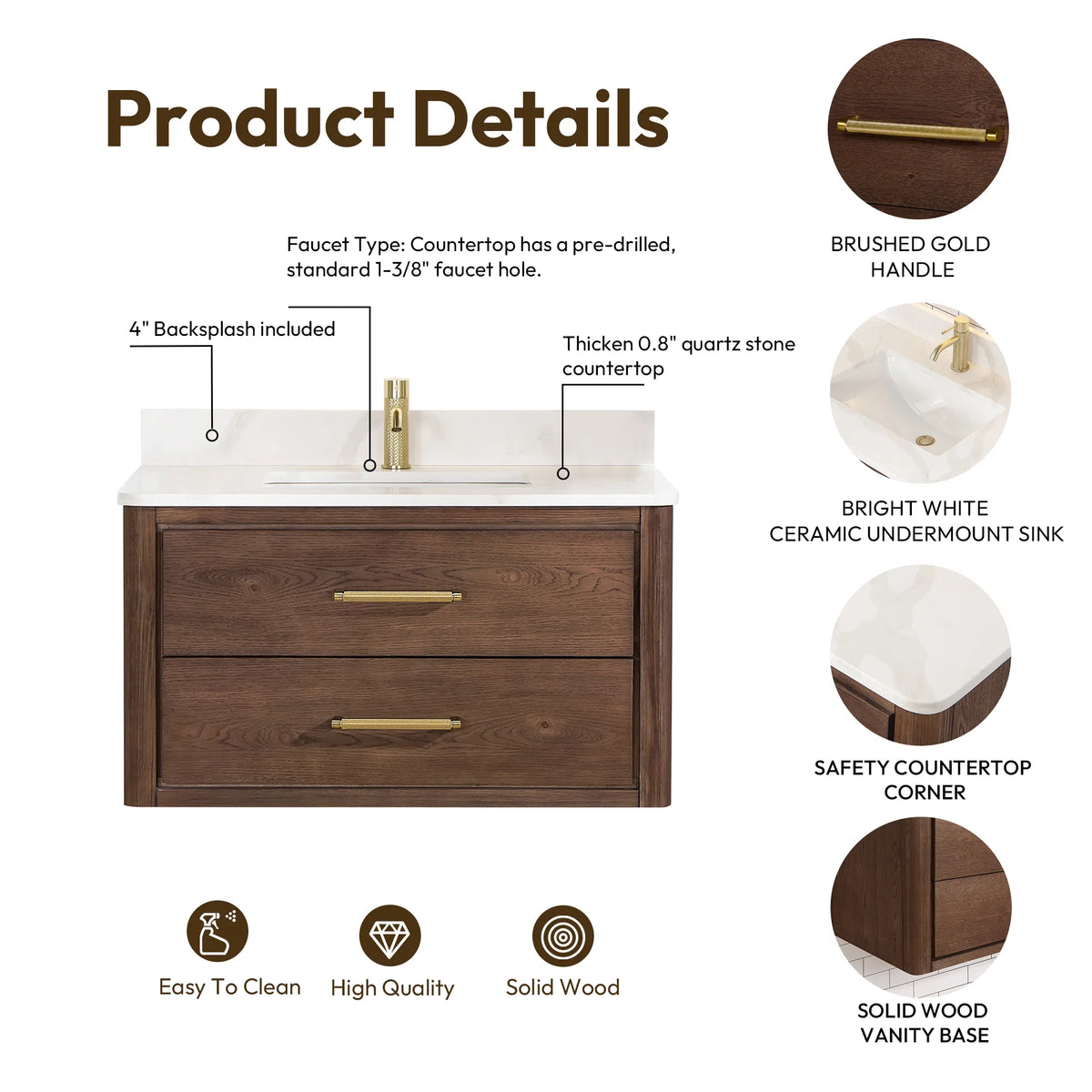Feature summary for the Aged Dark Brown Oak vanity: brushed gold handle, undermount sink, rounded corner, 36-inch model