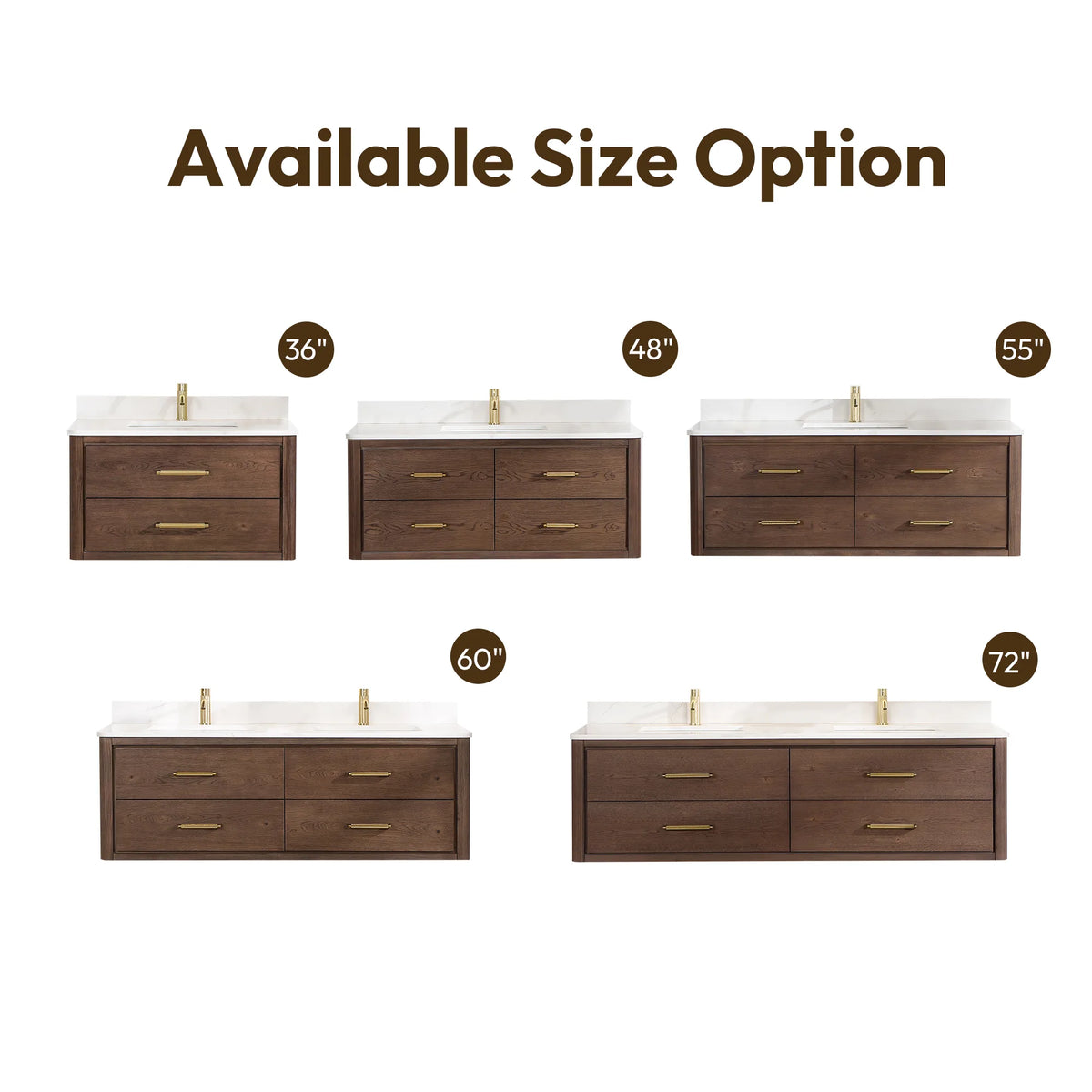 Size options chart: floating Aged Dark Brown Oak vanities in a row, each marked with its width label
