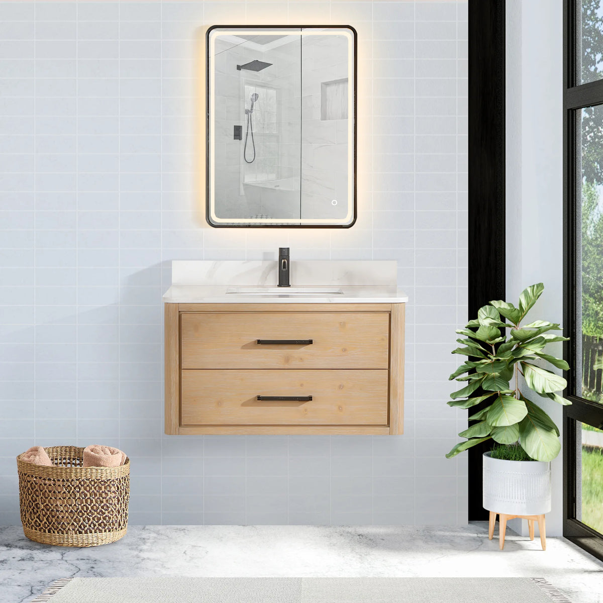 Bathroom scene: floating cabinet in Fir Wood Brown with a lit mirror above and a pale blue tile wall behind, 36-inch model