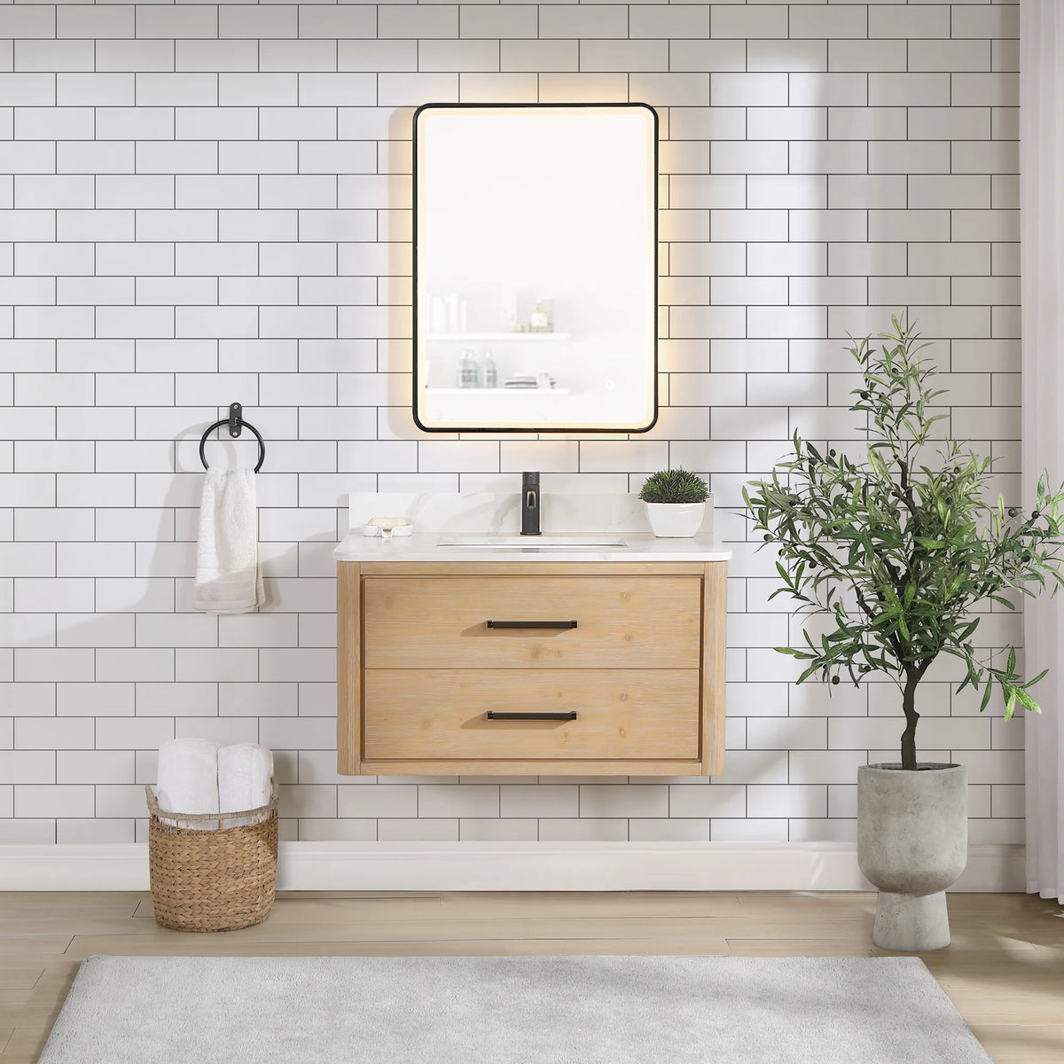 Straight-on view of the floating Fir Wood Brown cabinet, white tile and a mirror overhead, 36-inch model
