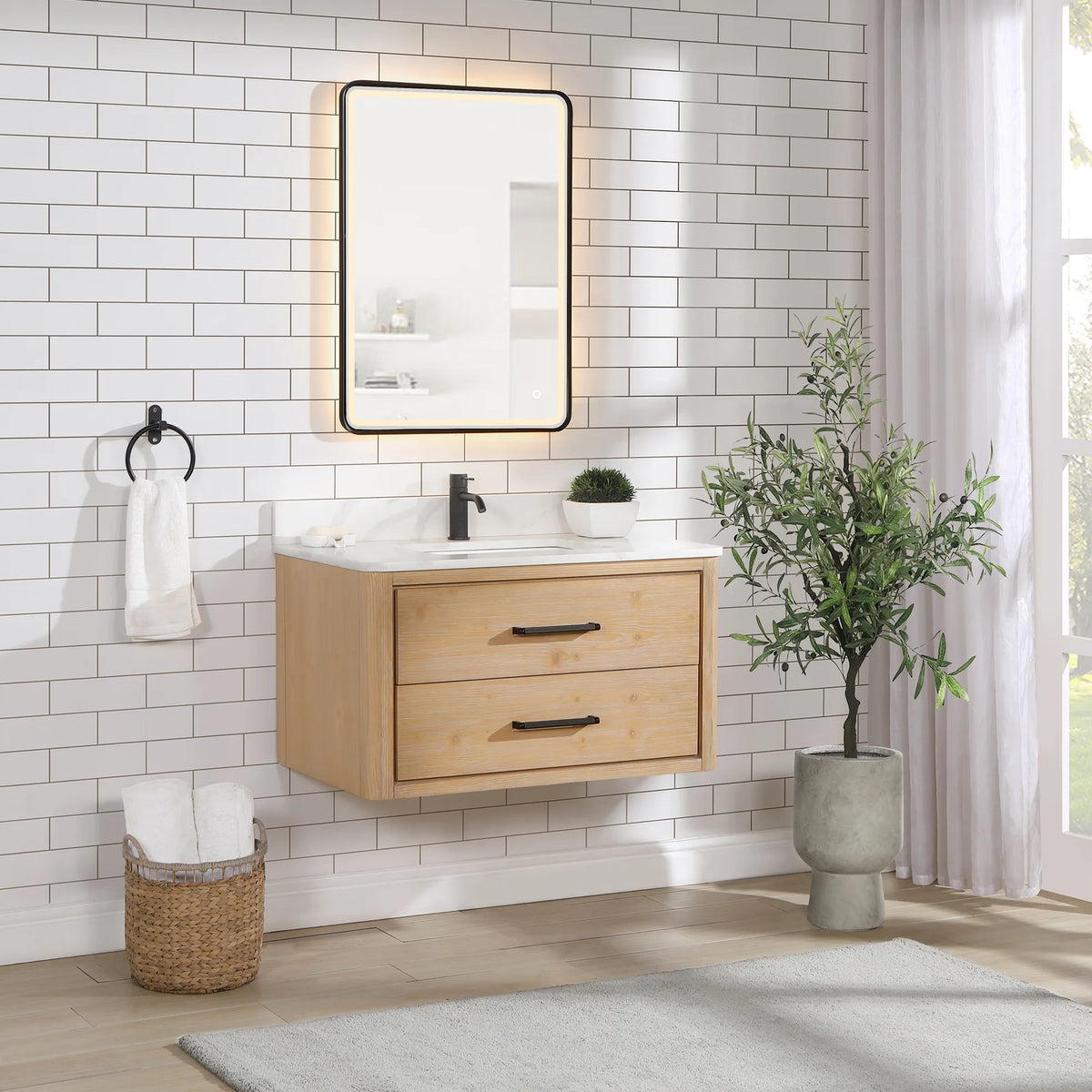 Three-quarter view of the Fir Wood Brown cabinet against white subway tile, 36-inch model