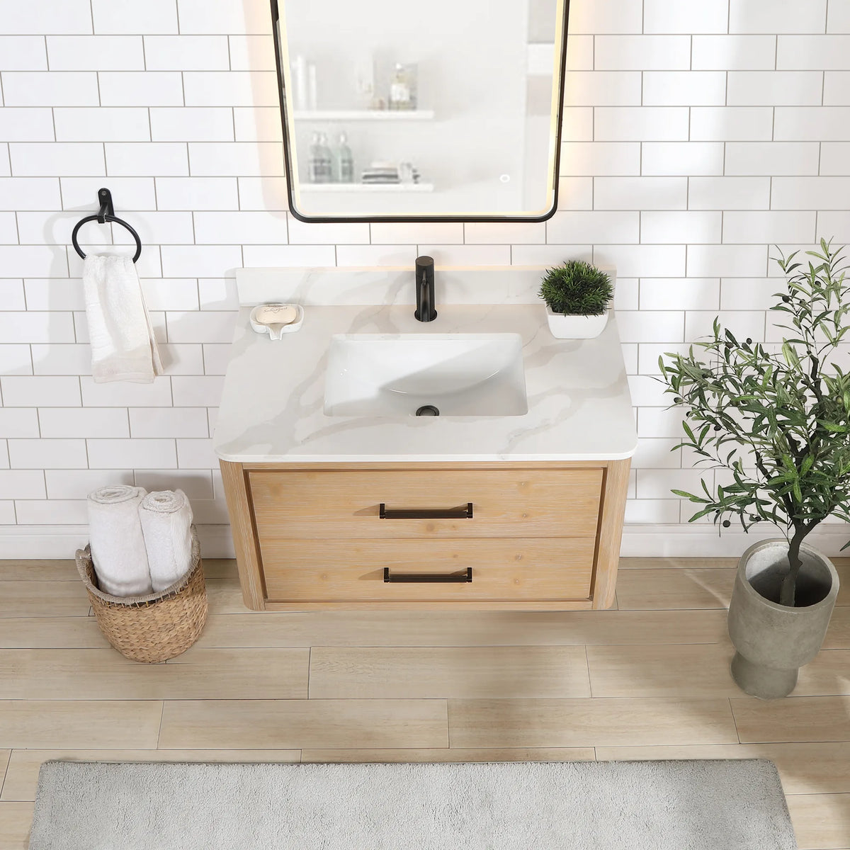 Raised view over the Fir Wood Brown cabinet: quartz top, ceramic sink and matte black pulls, 36-inch model
