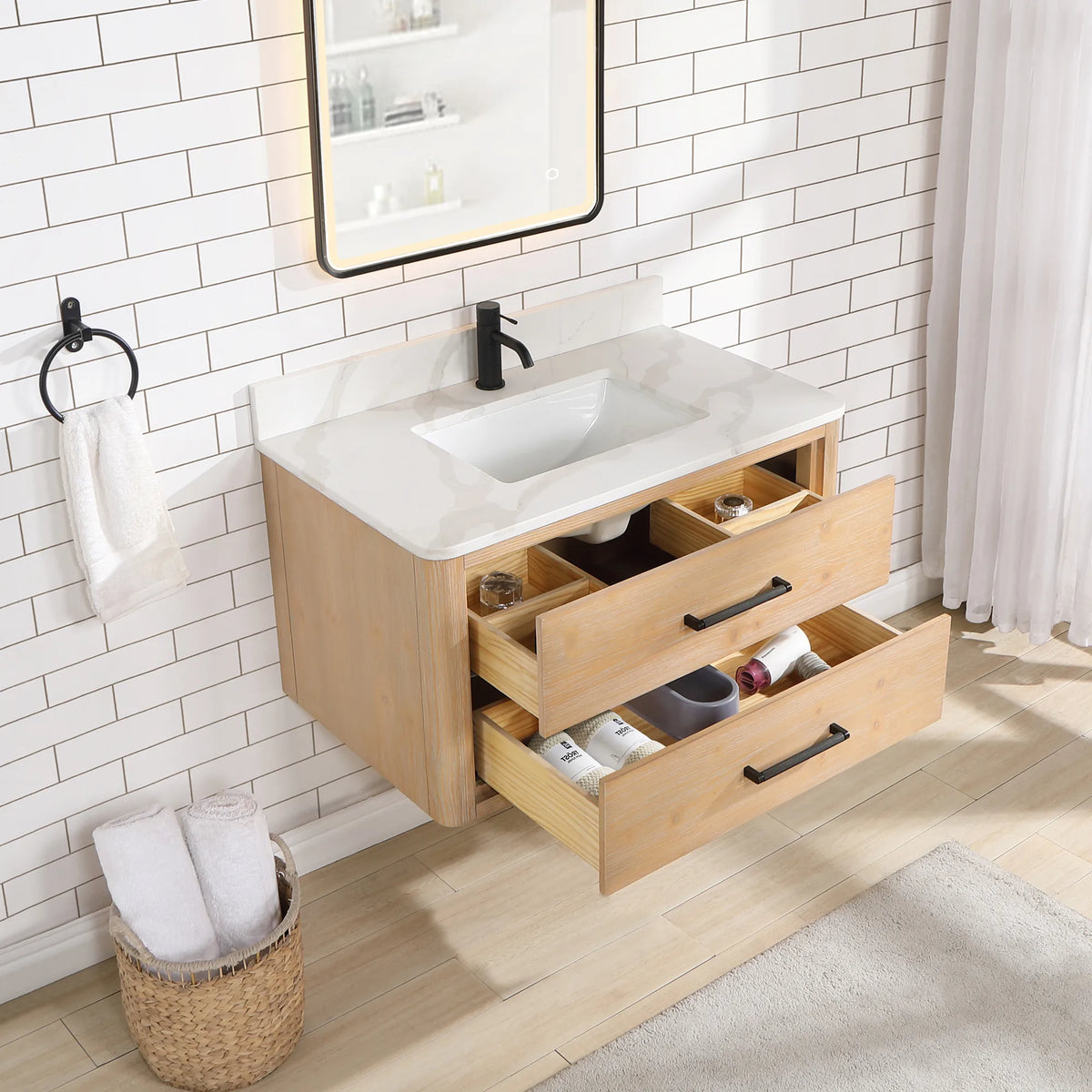 Open drawers on the floating Fir Wood Brown cabinet with dividers inside for small items, 36-inch model