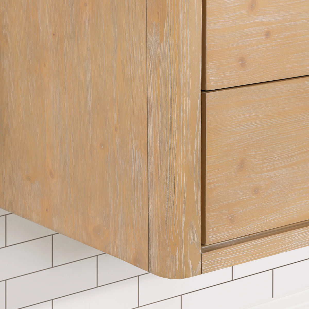 Corner detail on the floating Fir Wood Brown cabinet: soft radius edge and drawer seams, 36-inch model