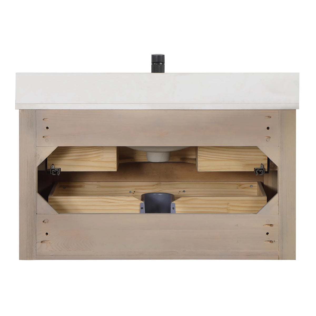 Rear view of the Fir Wood Brown cabinet showing the open back and drawer boxes, 36-inch model